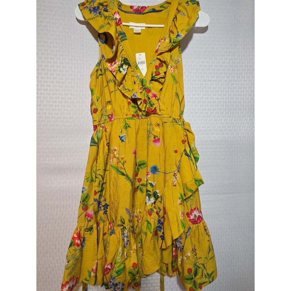 Maeve By Anthropologie Womens Gold Floral Mini Dress NWT Ruffle Sleeveless